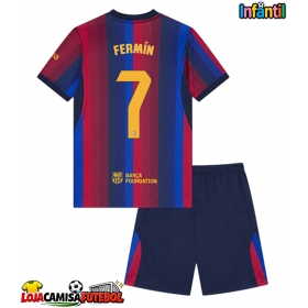 Camisa de Futebol Barcelona Fermin Lopez #7 Equipamento Principal Infantil 2026-27 Manga Curta (+ Calças curtas)